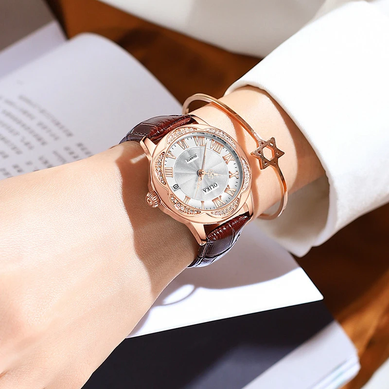 

OLIKA Dermis Hollow-carved Automatic Mechanical Watches Women Hardlex Mirror Fashion Waterproof Women's Wristwatches Calendar