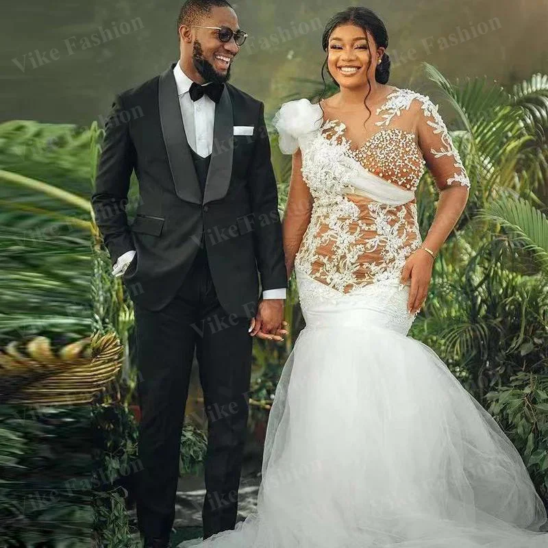 

Женское свадебное платье It's yiiya, белое кружевное платье с круглым вырезом и длинными рукавами, расшитое бисером, в арабском стиле на лето 2019