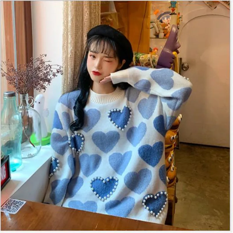 

2020 Print Love Women Sweater Pullovers Autumn Winter Knitted Tops Jumper Pearls Long Sleeve Thick Pull Femme Hiver O-Neck M295