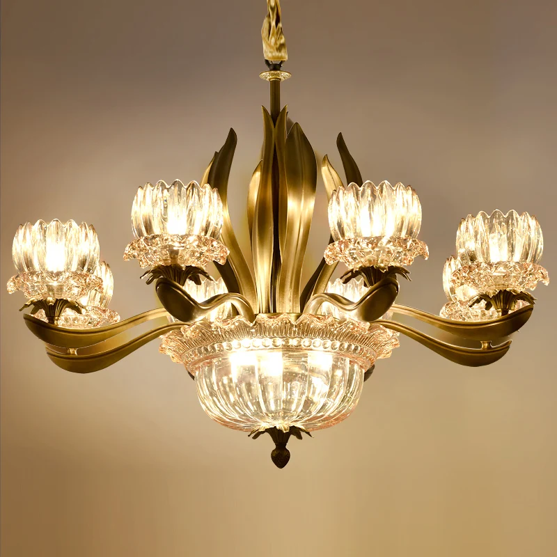 Modern Vintage Full Copper Lamp Chandelier Avize For Dining Room Mediterranean Luxury Led Lustre E14 Glass Shade | Лампы и освещение