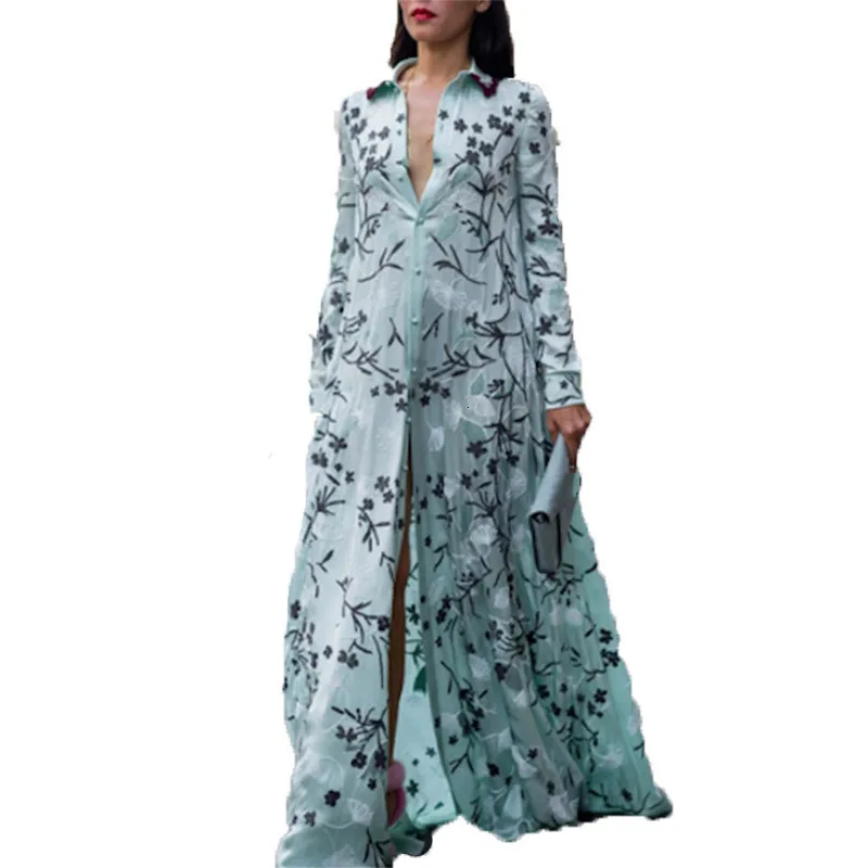 Женское летнее богемное Платье с принтом отложным воротником длинным рукавом