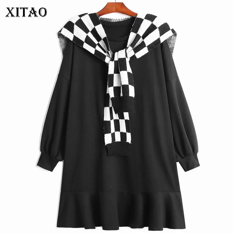 

XITAO модное мини-платье контрастного цвета, трикотажная клетка, может разобрать сплайсингу с круглым вырезом, 2021, свободное Новое Женское пла...
