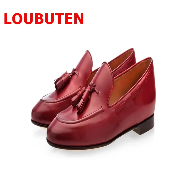 

Лоферы LOUBUTEN мужские с бахромой, роскошные брендовые классические туфли ручной работы из Jujube, красные кожаные туфли без застежки, обувь на пл...