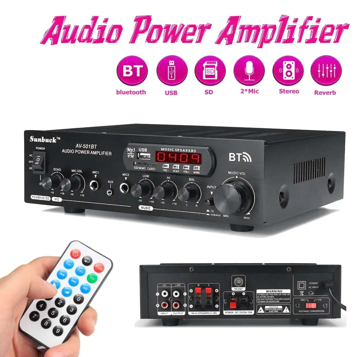 1200 Вт 220 В/110 в аудио усилитель мощности bluetooth 2,0 hifi динамик 4 микрофон дистанционное управление Поддержка FM USB SD карта
