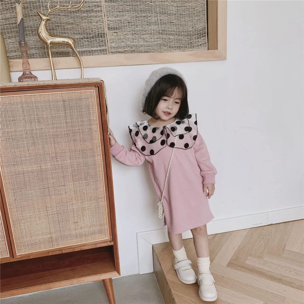 Милое Платье для девочек осеннее платье с воротником в виде листьев лотоса