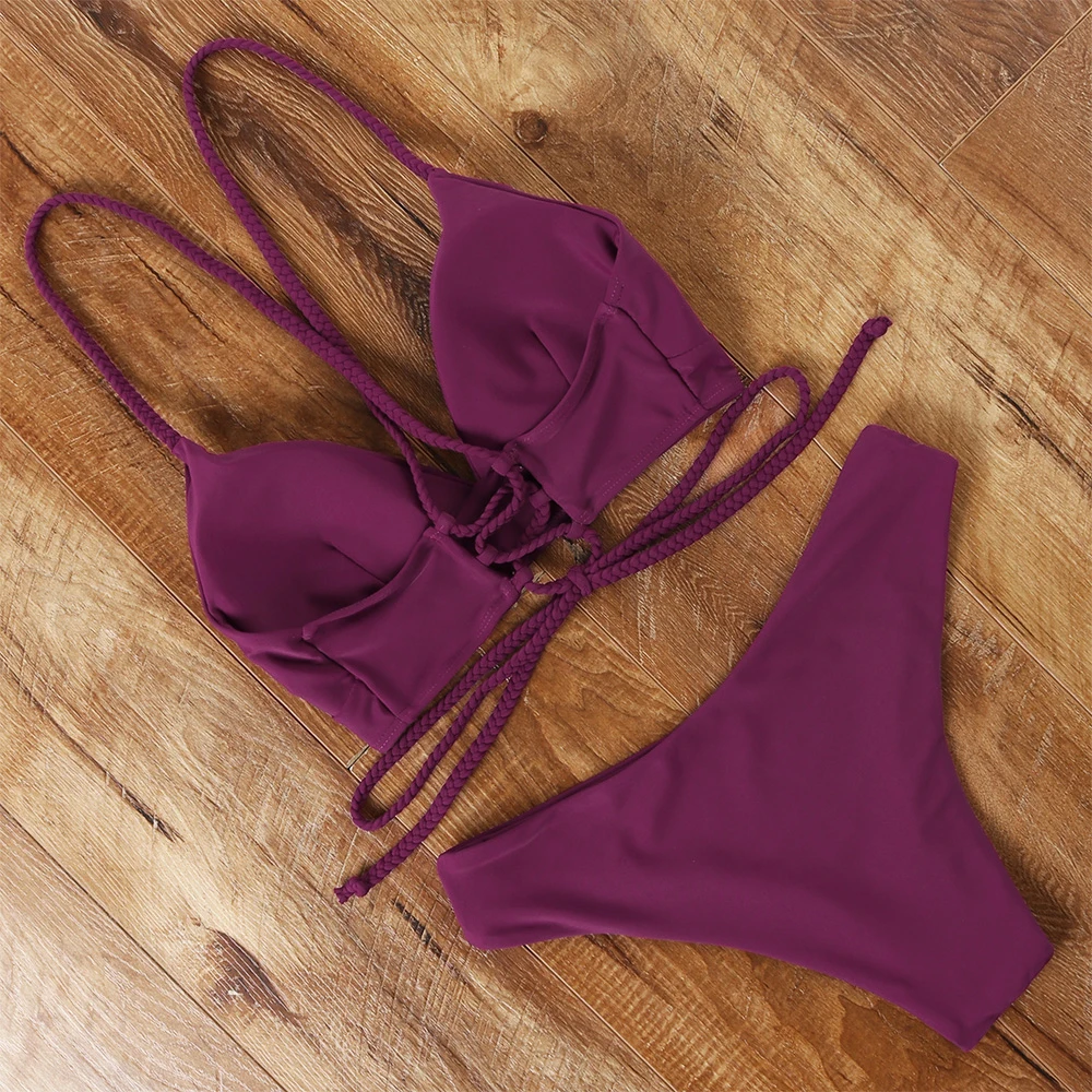 Сексуальный комплект бикини женский купальник 2021 пуш ап на шнуровке однотонный