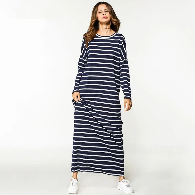 Женское платье макси в полоску с длинным рукавом повседневное мусульманское