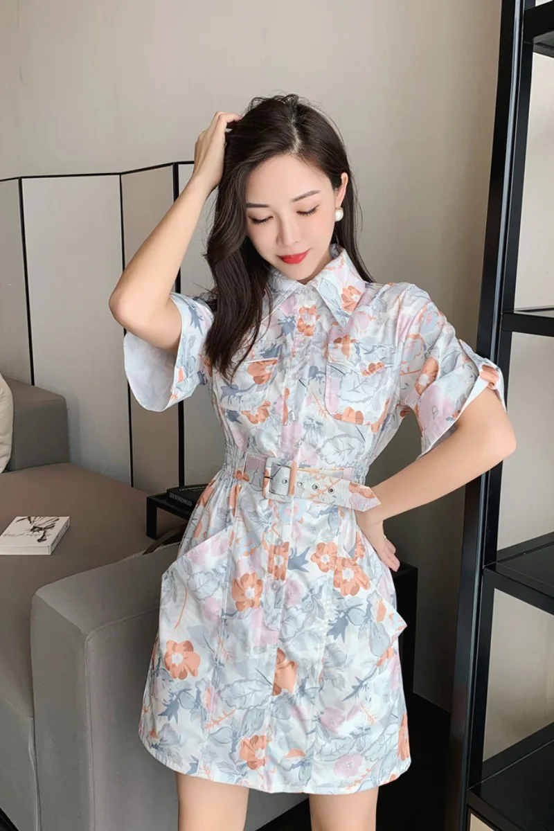 

Party Runway Dresses Women Boho Luxury 2021 Vintage Spring Short Sleeve High Waist Mini Dress A-Line Elegant Embroidery Print