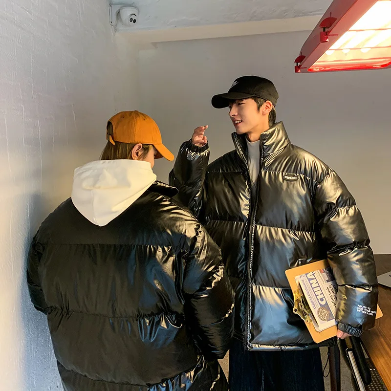 Winter New bright leather PU waterproof down padded jacket men's men and women with thickening clothing 2021 | Мужская одежда