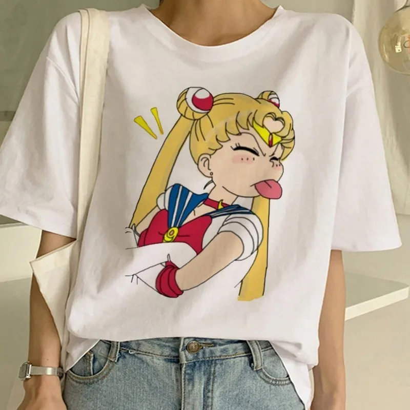 Sailor Moon 90s Funny T Shirt Harajuku clothes Tshirt Aesthetic cat Anime Women Cute Female T-shirt Kawaii Tees Fashion Ullzang | Женская