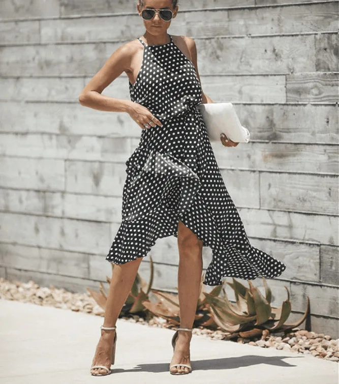 

Summer 3 Women Sexy Sleeveless Boho Beach Knee-Length Ladies Casual Vintage Long Party Dot Wave Point Lacing Irregular Dresses