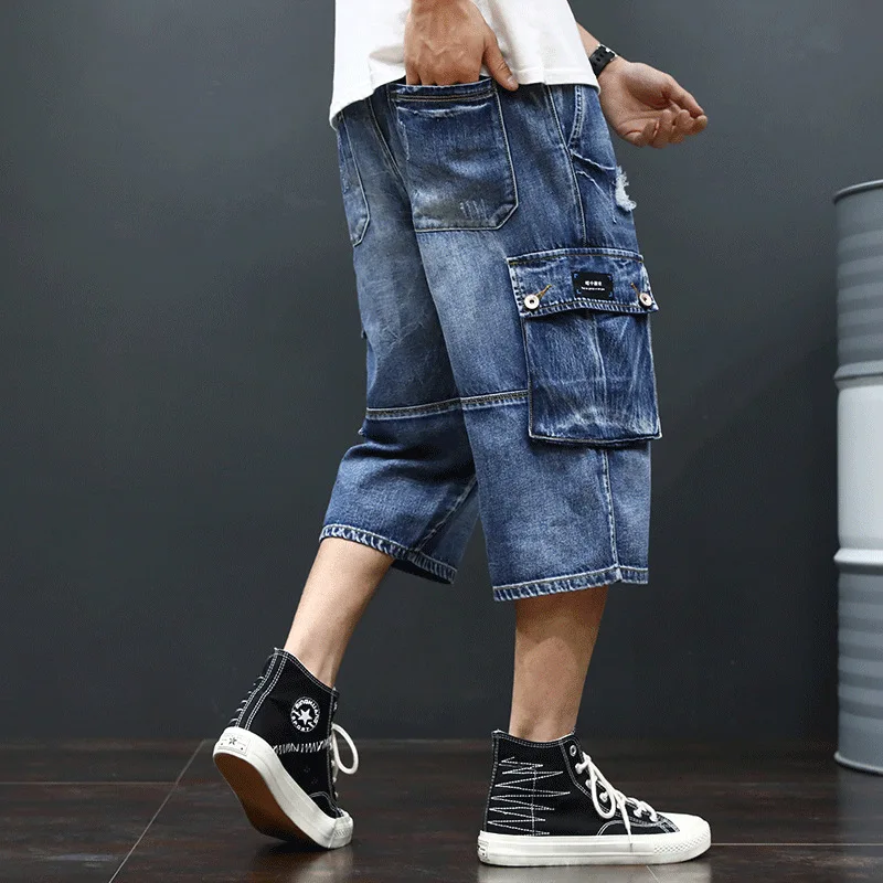 Мужские уличные летние хлопковые джинсовые шорты ниже колена Свободные