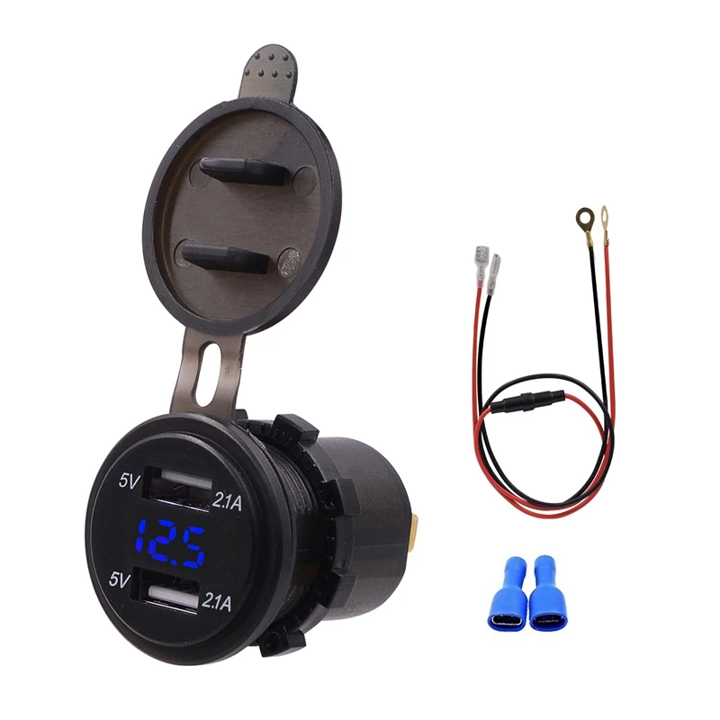 

Waterproof Dual USB Charger Socket Power Outlet 2.1A & 2.1A With Digital Voltmeter Blue LED Light for IPad IPhone Car Boat Motor