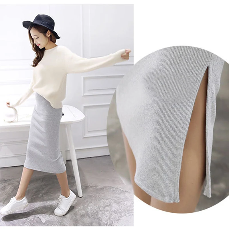 

Autumn Winter Bodycon Skirt Women Stretchable Split Skirt Mid Calf Slim Pencil Skirts For Women Female Knit Skirt