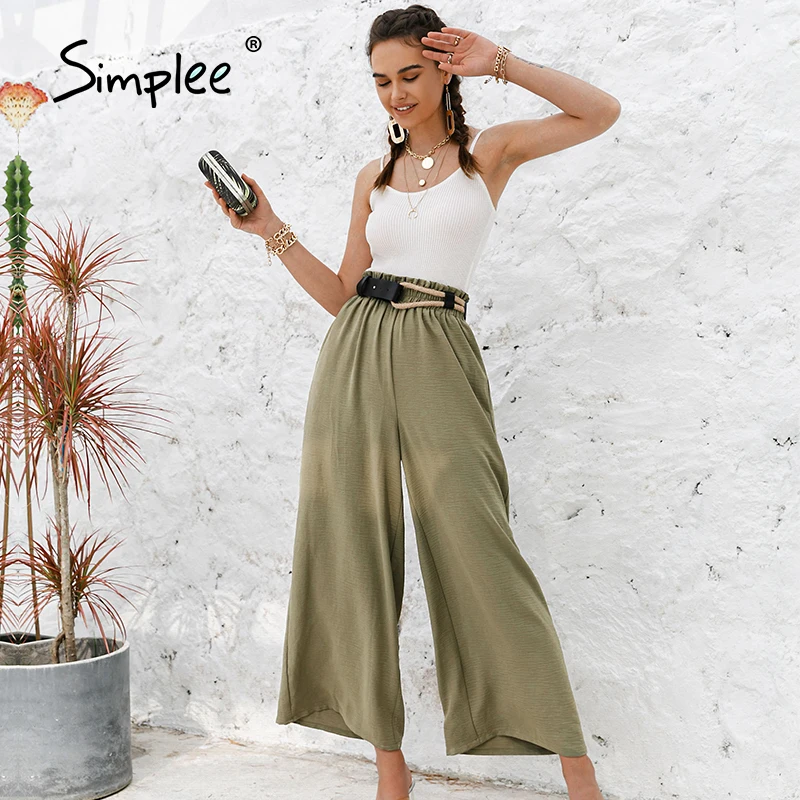 Simplee Solid color high waist wide leg pants women Loose casual summer trousers Classic ruffled soft long female bottoms | Женская