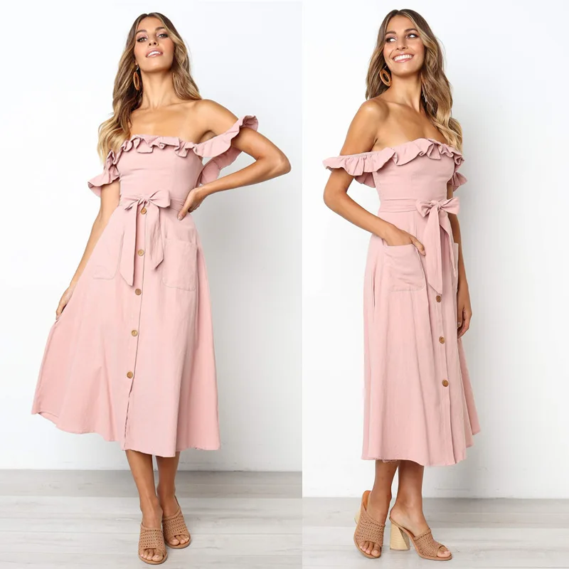 Летнее сексуальное платье с оборками и открытыми плечами Бандажное карманами