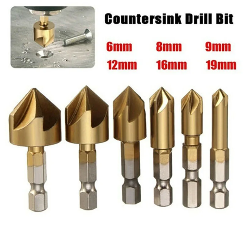 

ZK30 6pcs 5 Flutes Countersink Chamfer Drill Bit 1/4" Hex Shank Titanium Coated Power Tool Accessories Woodworking Core Dril Bit