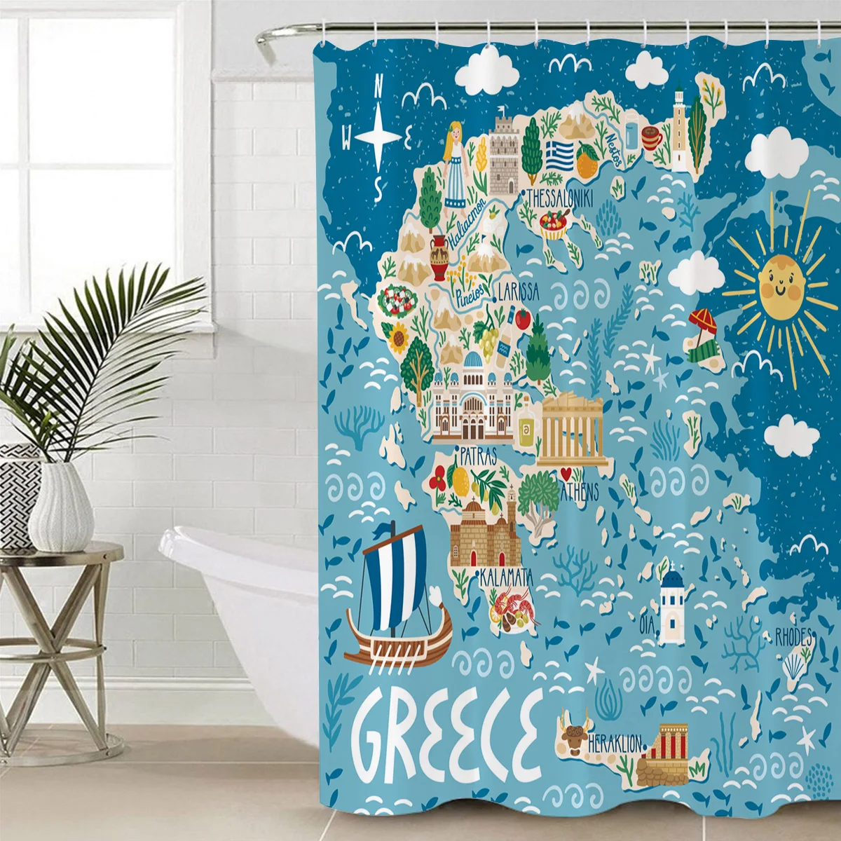 Greece Island Map Cartoon Shower Curtain Waterproof Bathroom Curtains Polyester Fabric Hooks for Decor | Дом и сад