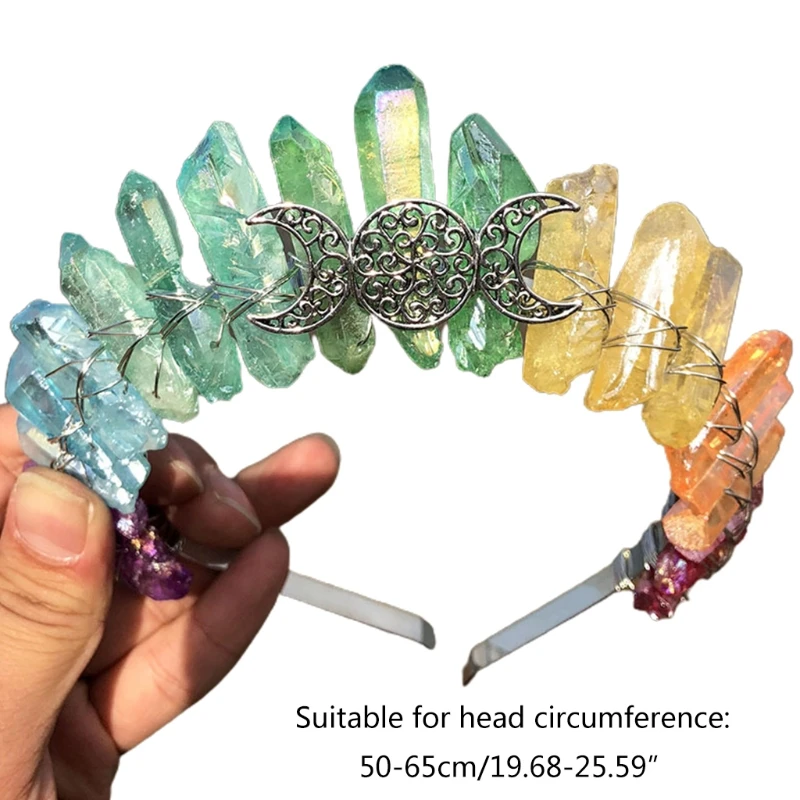 

Women Bride Rainbow Colorful Raw Quartz Crystal Crown Headband Vintage Boho Metal Moon Branches Wedding Tiara Hair Hoop