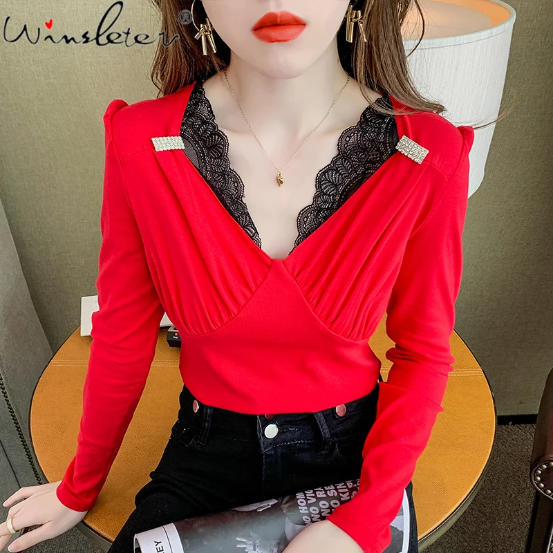 

Fall Winter European Clothes Cotton T-Shirt Fashion Sexy V-Neck Patchwork Lace Women Tops Basic Bottoming Shirt Tees New T19304A