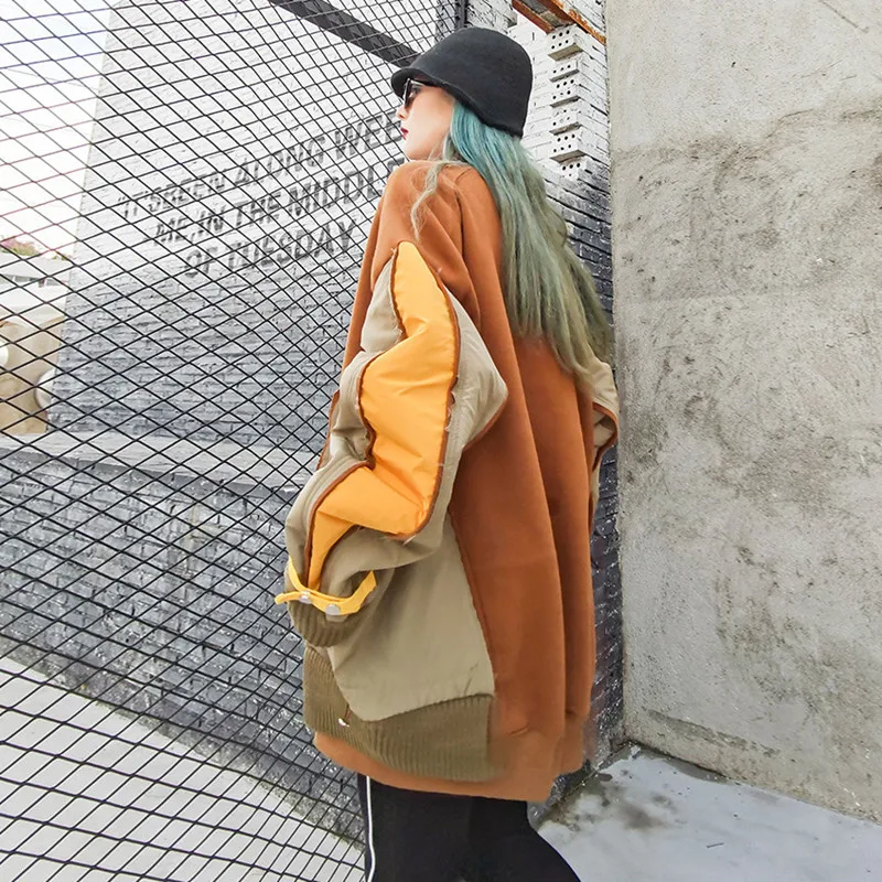 

Johnature 2021 Winter New Streetwear Thicken Patchwork Long Hoodie Women Turtleneck Loose Pullover Pockets Female Sweatshirts