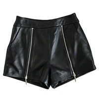 2020 New Womens Sheepskin Shorts Zipper Leather Shorts Black Loose Pants Spring Autumn Wide Leg Shorts