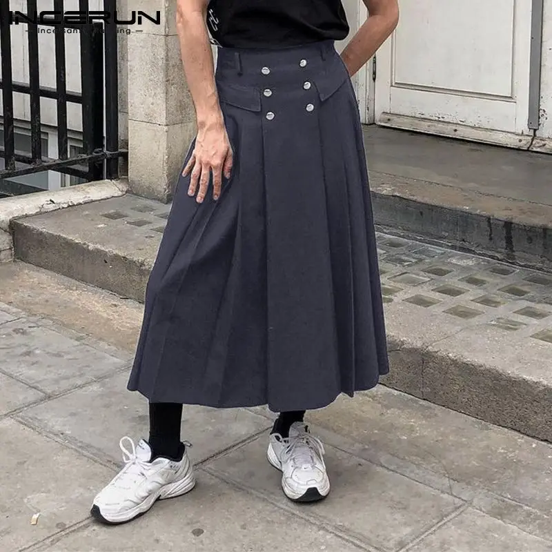 

Юбка INCERUN Мужская однотонная Плиссированная, свободные брюки, двубортная Повседневная индивидуальная уличная одежда, 2021
