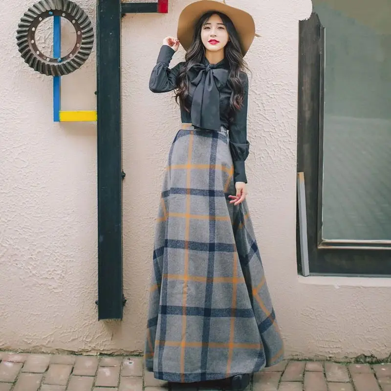 

Fashion Long Skirts Sets Women Autumn Winter Casual Blouse Plaid Woolen Skirt Temperament Goddess 2 Piece Set French Retro Suits
