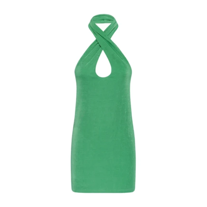 

2021 Hollow Out Sexy Dress Women Green Sleeveless Y2K Backless Summer Blue Halter Neck Bodycon Mini Dresses Beach Party