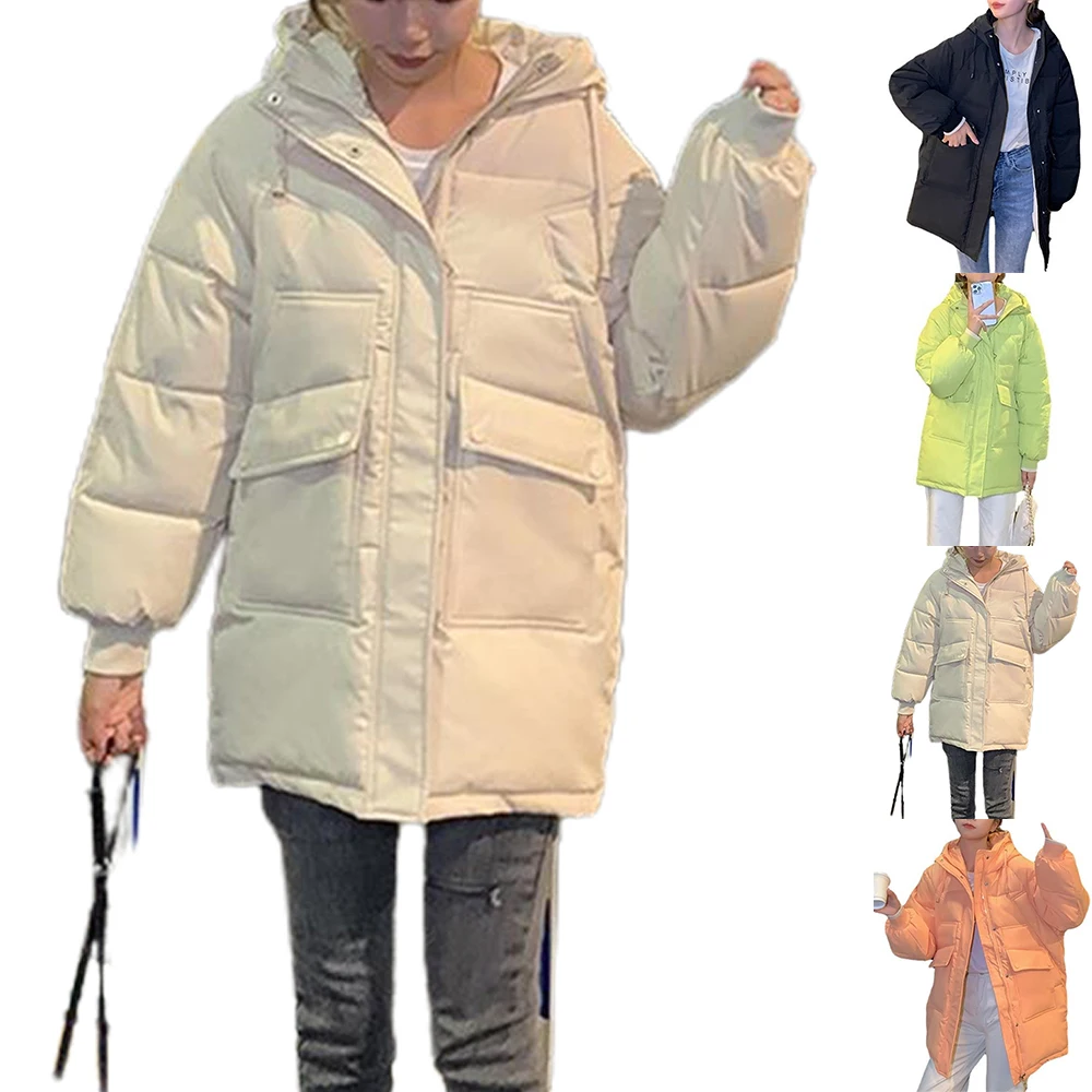 

Корейское пальто, женская зимняя теплая парка с капюшоном, Женская куртка на молнии с карманами, свободная женская верхняя одежда