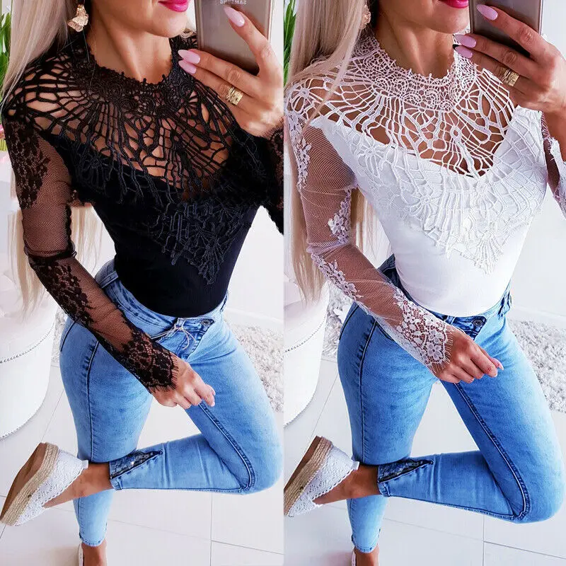 Женская кружевная блузка с длинным рукавом цветочным принтом | одежда
