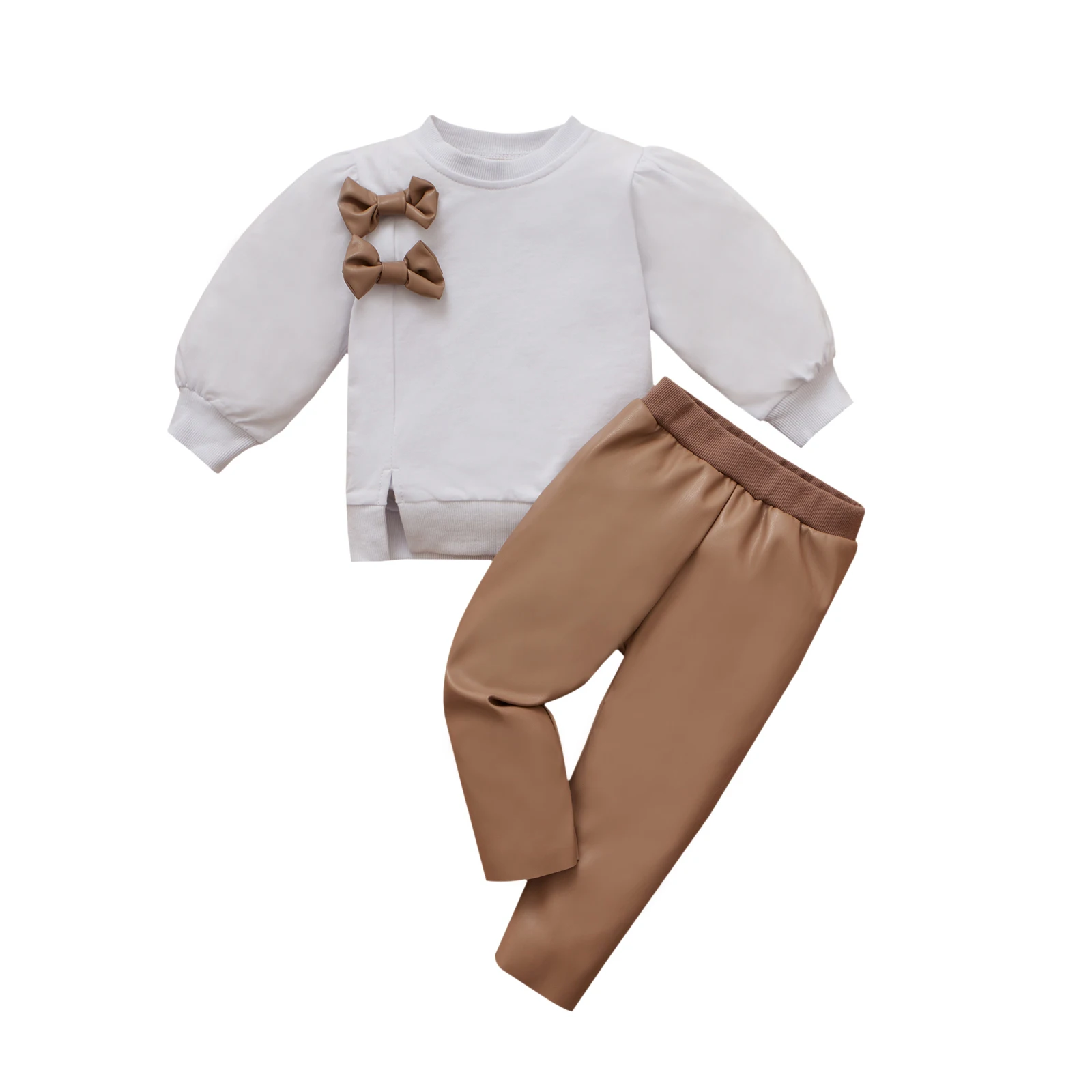 

2Pcs Baby Girls Autumn Cotton Tracksuit Bow Round Neck Long Sleeve Slit Pullover Tops Leather Pants for Kids 6 Months to 4 Years