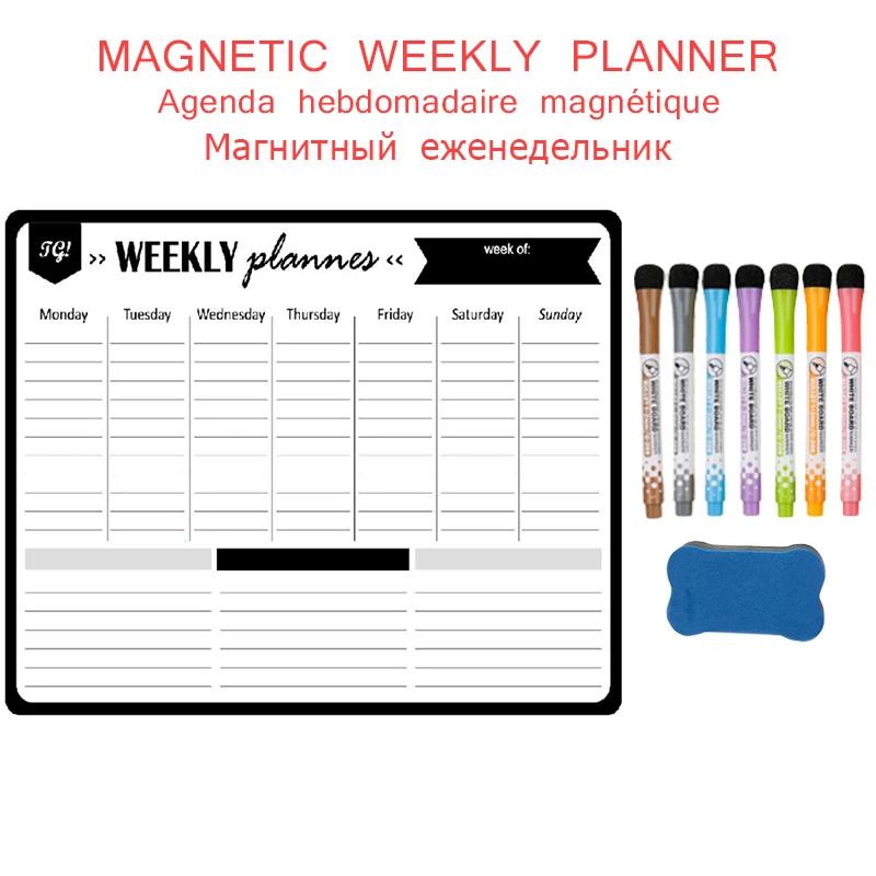 Magnetic Weekly Monthly Work Planner Wall Sticker Fridge Magnet Writing Drawing Memo Schedule Erasable Penboard Black Whiteboard
