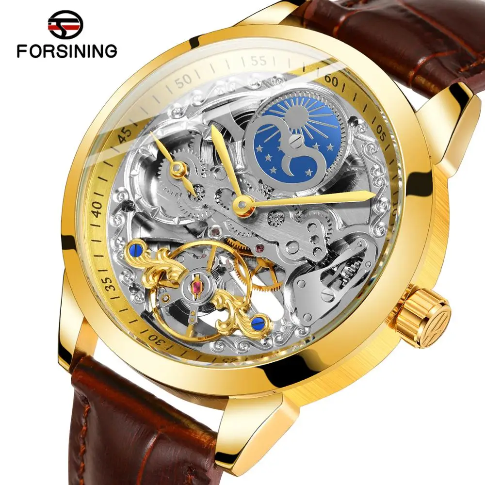 Мужские повседневные механические наручные часы скелетоны Forsining с