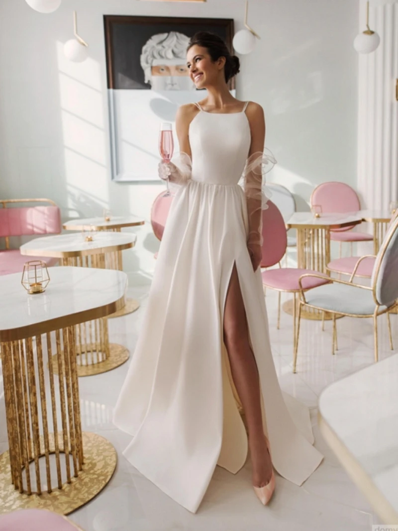 

Simple Wedding Dresses with High Slit Thinner Straps Sleeveless A-line Bridal Gown Robe De Mariee