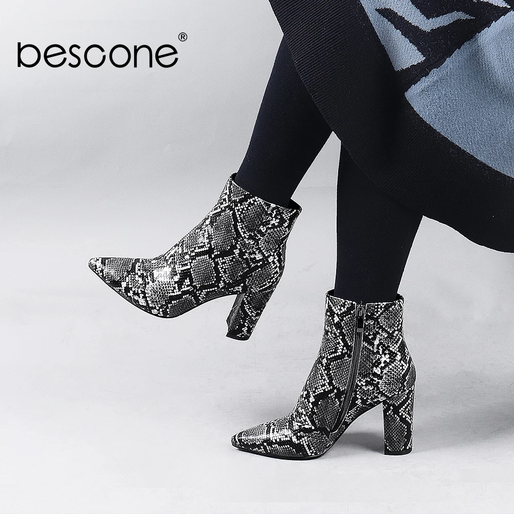 Женские ботинки с острым носком BESCONE черные повседневные на квадратном каблуке