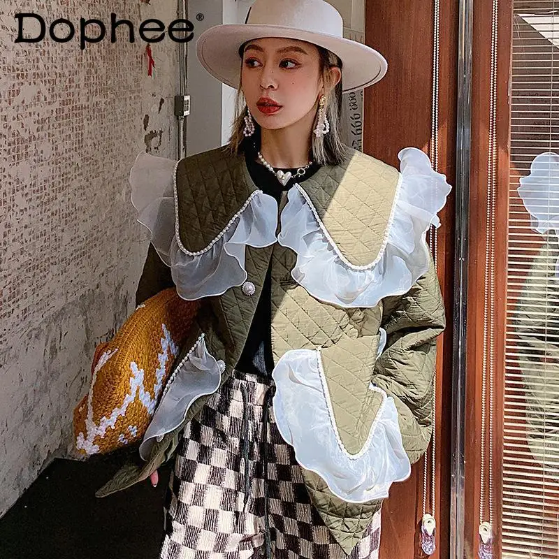 

2021 Winter Clothes Retro Warm Lace Ruffled Loose Cotton Coat Parkas Female Long Sleeve Single Breasted Cotton Padded Jacket