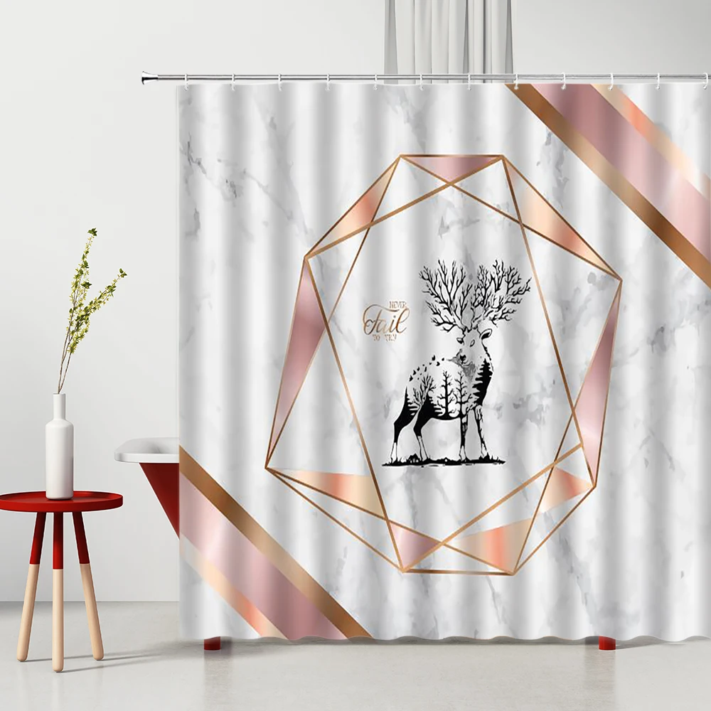 

Creative Geometric Art Design Shower Curtain Marble Texture Deer Pattern Printed Washable Home Decor Bathroom Hanging Curtains
