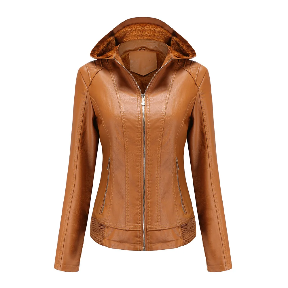 2021 new European and American autumn and winter women's clothing detachable hooded leather coat Plush warm jacket