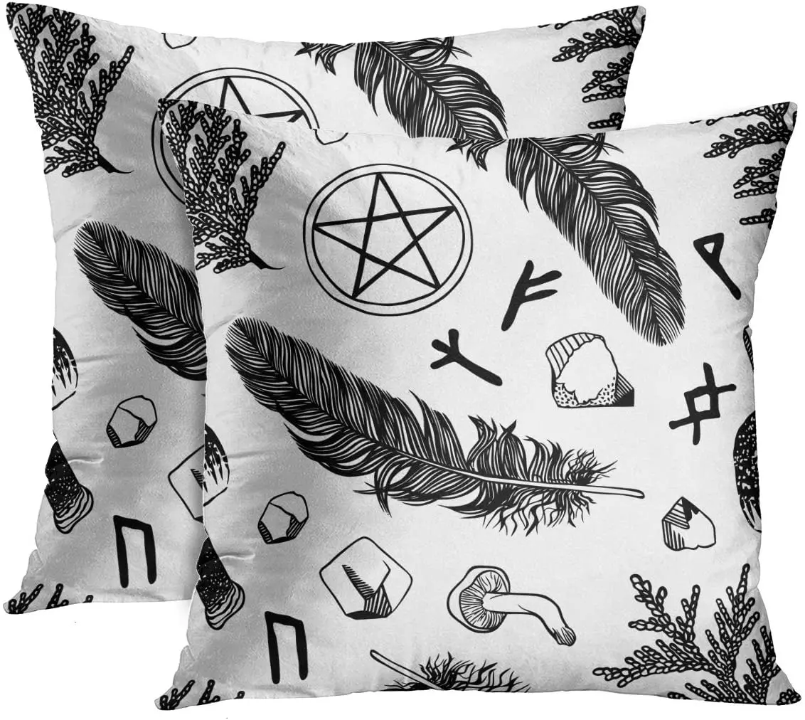

Throw Pillow Cover Black Boho Witchcraft Pattern with Ritual Things Wicca Attributes for Young Witch Goth Abstract Pillow Case