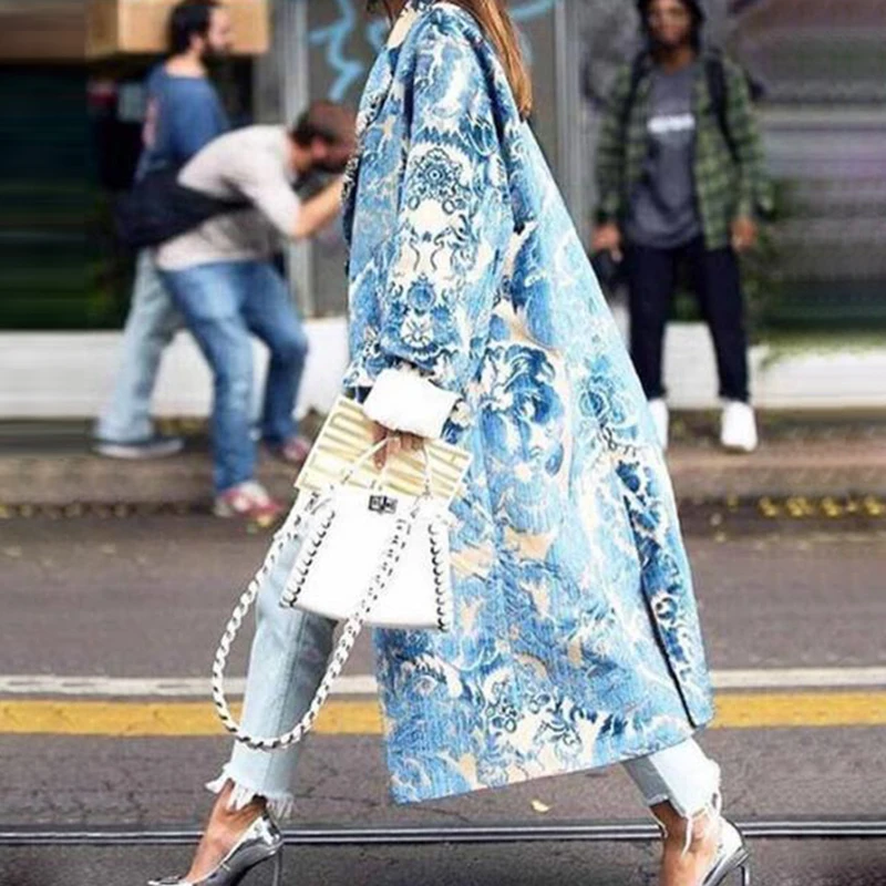 

ELSVIOS Winter Fashion Women Turn-down Collar Print Long Sleeves Overcoat Casual Loose Pocket Coat Elegant Generous Street Coats