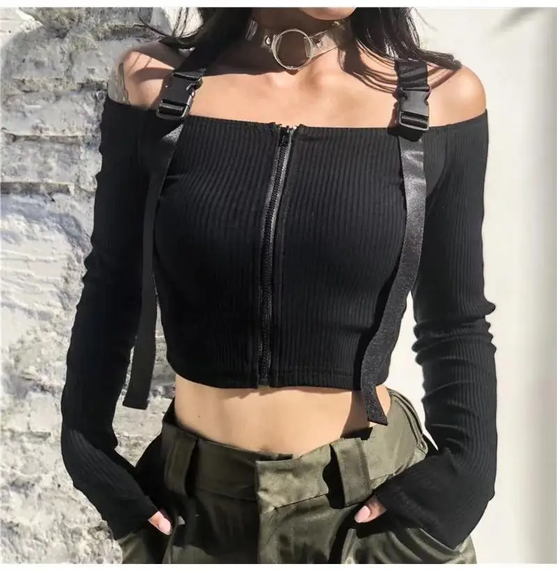 Женская футболка на одно плечо с длинным рукавом молнии | одежда