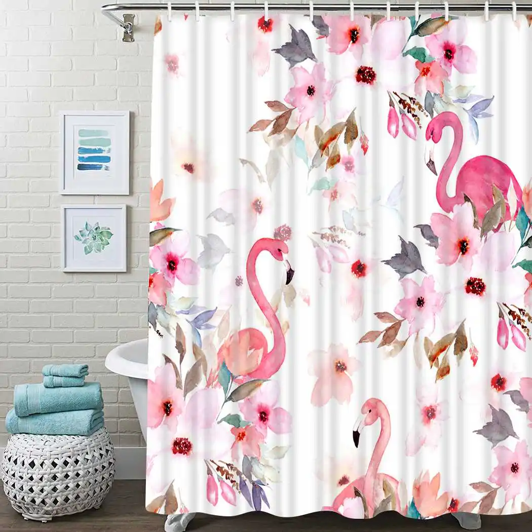 

Flamingo Flower Shower Curtain Bird Flowers Shower Curtain Waterproof Fabric For Bathroom Decor Shower Curtains Set with Hooks