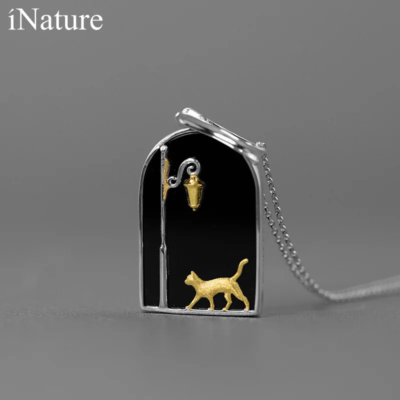 INATURE натуральный кулон из черного агата ожерелье для женщин с милым котиком под