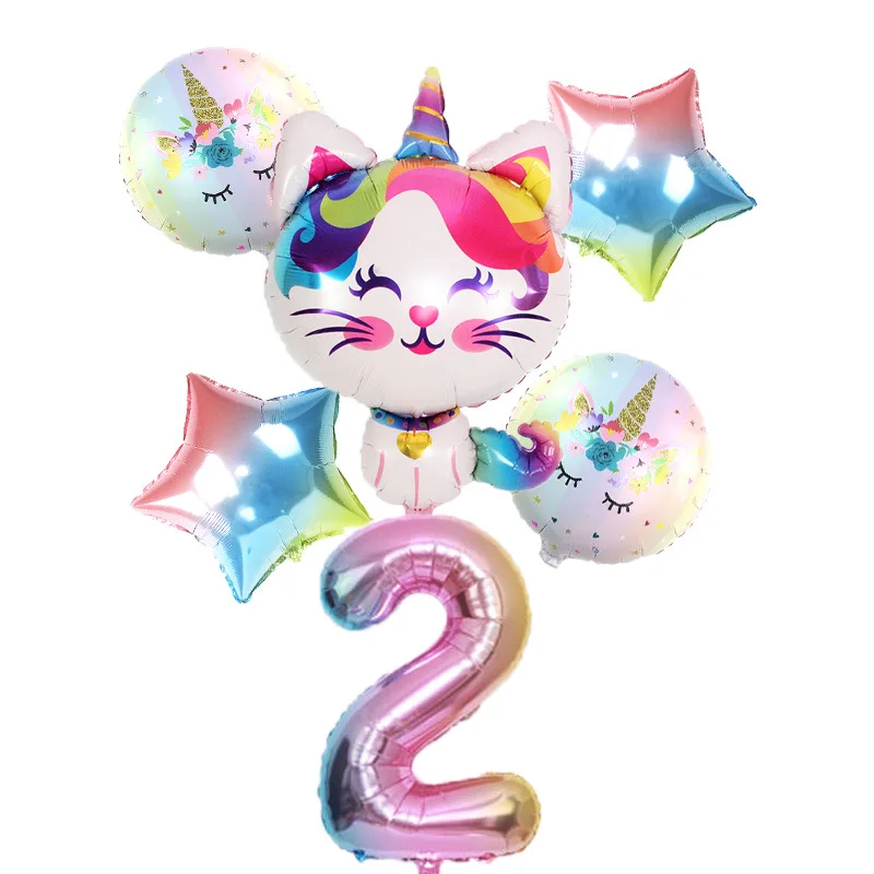 6pcs Rainbow Unicorn Cat Foil balloon 32inch Gradient color Number ballon Birthday Wedding Party Decoration supplies Baby Shower | Дом и сад