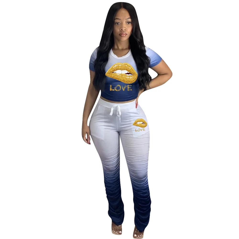 

Women Summer Clothing 2021 S-4Xl Plus Size Two Piece Set Women Round Neck Print Top And Pleated Trousers Outfit Dropshipping