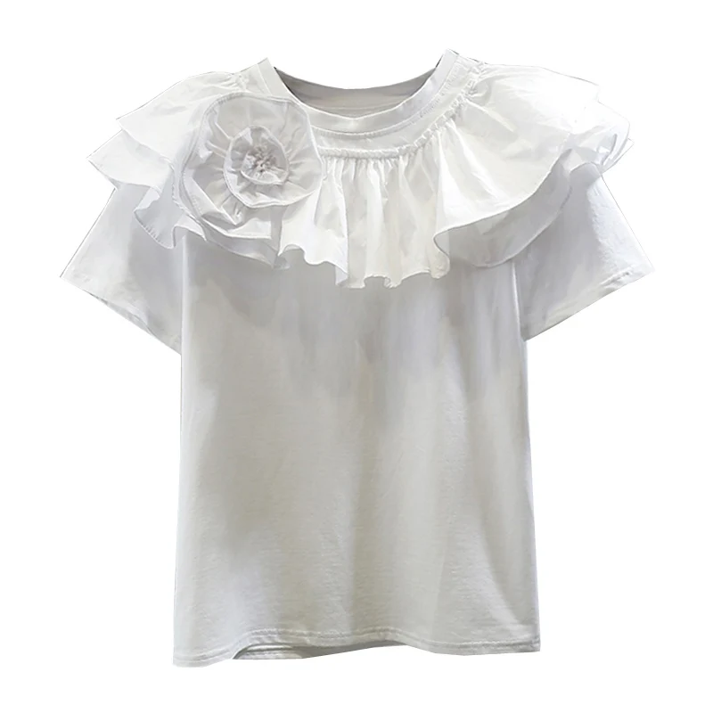 

Tshirt Woman Heavy Industry Ruffled Three-Dimensional Flower Sweet Round Neck Solid Color Short Sleeve T-shirts Lady Tops
