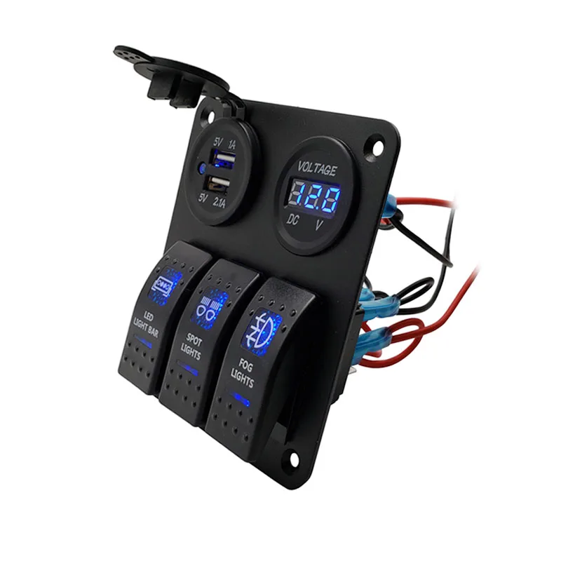 

3 Gang Rocker Switch Panel Dual USB Slot Socket 12V Digital Voltmeter Voltage Display for Marine Car Rv Vehicles Truck Yacht
