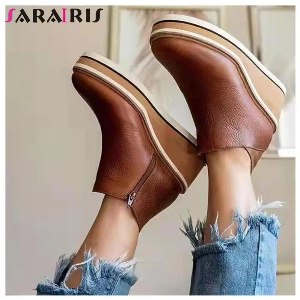 

Сапоги SaraIris женские на танкетке с круглым носком, Повседневные Удобные зимние ботинки в римском стиле, на толстом каблуке, на молнии, больши...