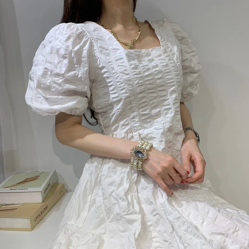 

KUSAHIKI Korean Pleated Summer Sweet Dresses Puff Sleeve Square Collar Vestidos Causal High Waist A-line Woman Dress 6H071